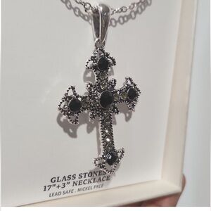 Celtic Silver Black Cross Pendant Necklace with black crystal rhinestones